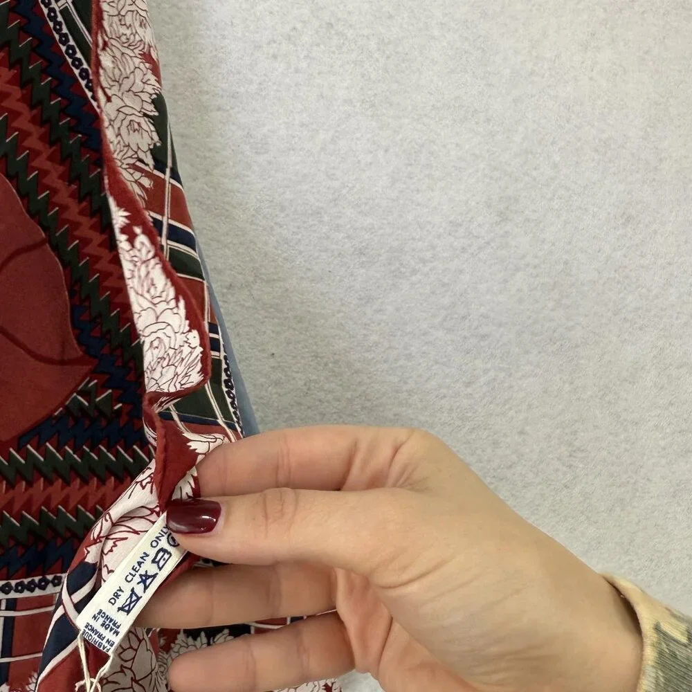 Lanvin Paris Scarf Womens One Size Silk Triangle Floral Plaid Made France Red